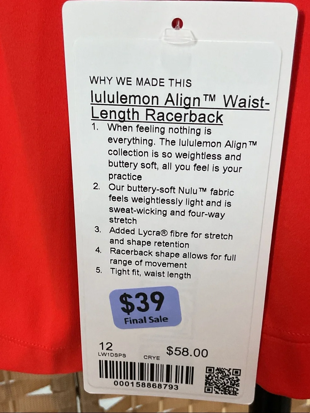 lululemon athletica Align Waist-length Racerback Tank CRYE